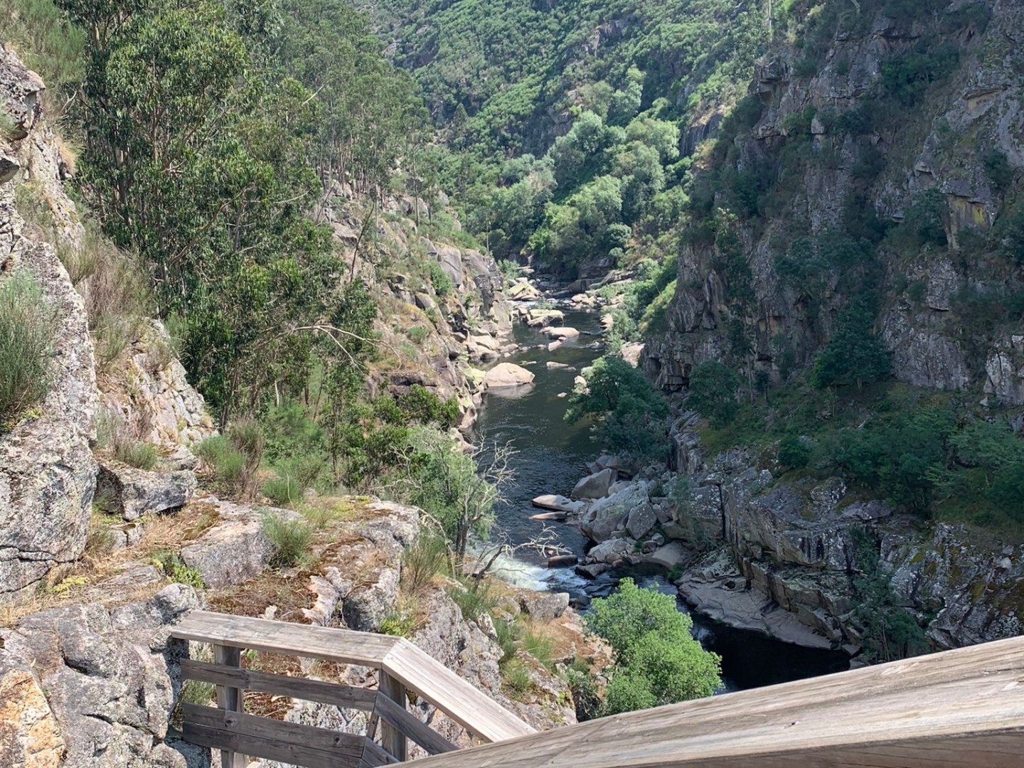 Wooden stairs leading down a rocky valley with lush greenery and a river flowing through.