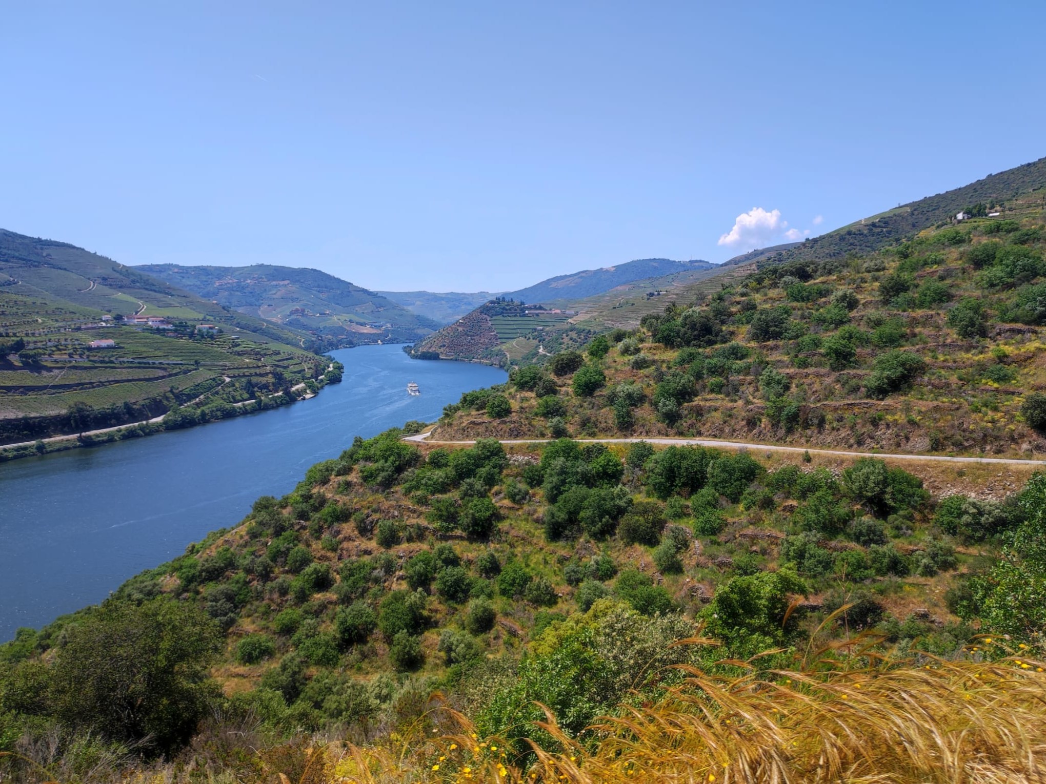 River winding through green hills under a clear blue sky with a boat on the water.
